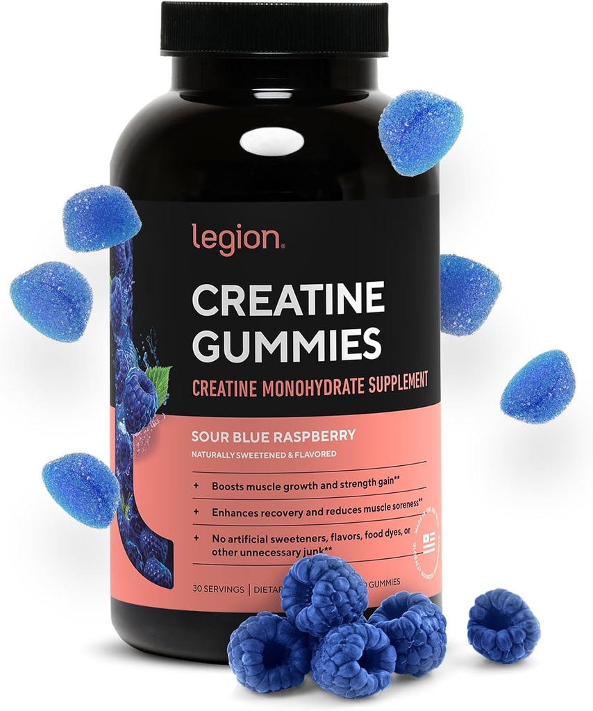 LEGION Creaine Monohydrate Gummies - Czysty suplement do żucia Creature for Strength, Endurance & Muscle Recovery - 30 Sour Blue Raspberry Flavor Servings - Brak sztucznych aromatów lub słodzików