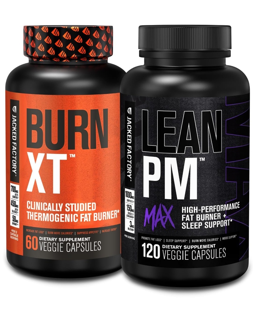 Jacked Factory Burn- XT Klinicznie zbadane Thermogenic Weight Loss (60 Kapsułek) - Lean PM MAX Sleep Aid (120 Kapsułek) dla Supression Apetite (180 Kapsułek)