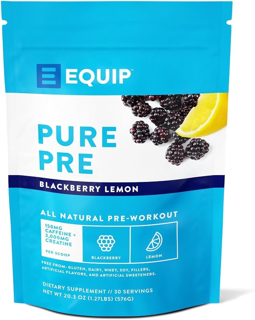 Equip Foods Pure All Natural Pre- Workout Proszek 124; Zielona herbata Kofeina, Sól morska, EAA, Witamina C, B6, B12, L- karnityna, Agnine Bis124; Natural Boosts Workout 124; 30 Służenia, BlackBerry Lemon Caffeinded