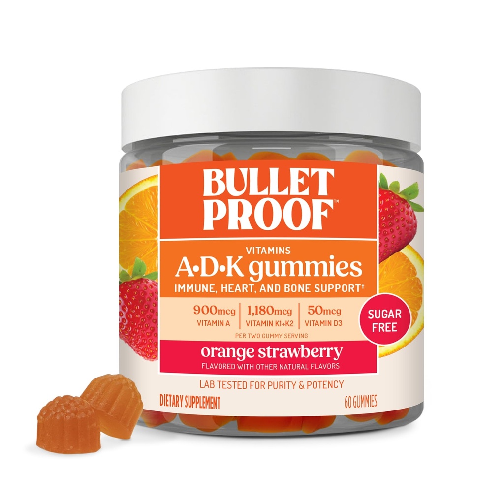 Kuloodporny Sugar-Free Pomarańczowy Truskawki Witaminy A + D + K Gummies, 60 Hrabia, Keto Suplement do serca, kości i immunologicznego wsparcia, Nowa i ulepszona formuła i tekstura, Opakowania maja Vary