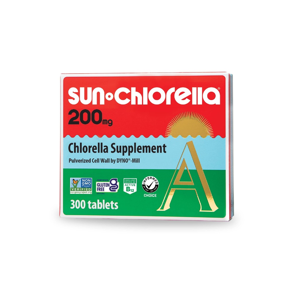 Sun Chlorella 200 mg Green Algae Superfood Supplement - Ściana komórkowa pulwertyzowana - Chlorofil, CGF, Aktywny B12, Żelazko, Białko - Non-GMO - 300 Tabletki
