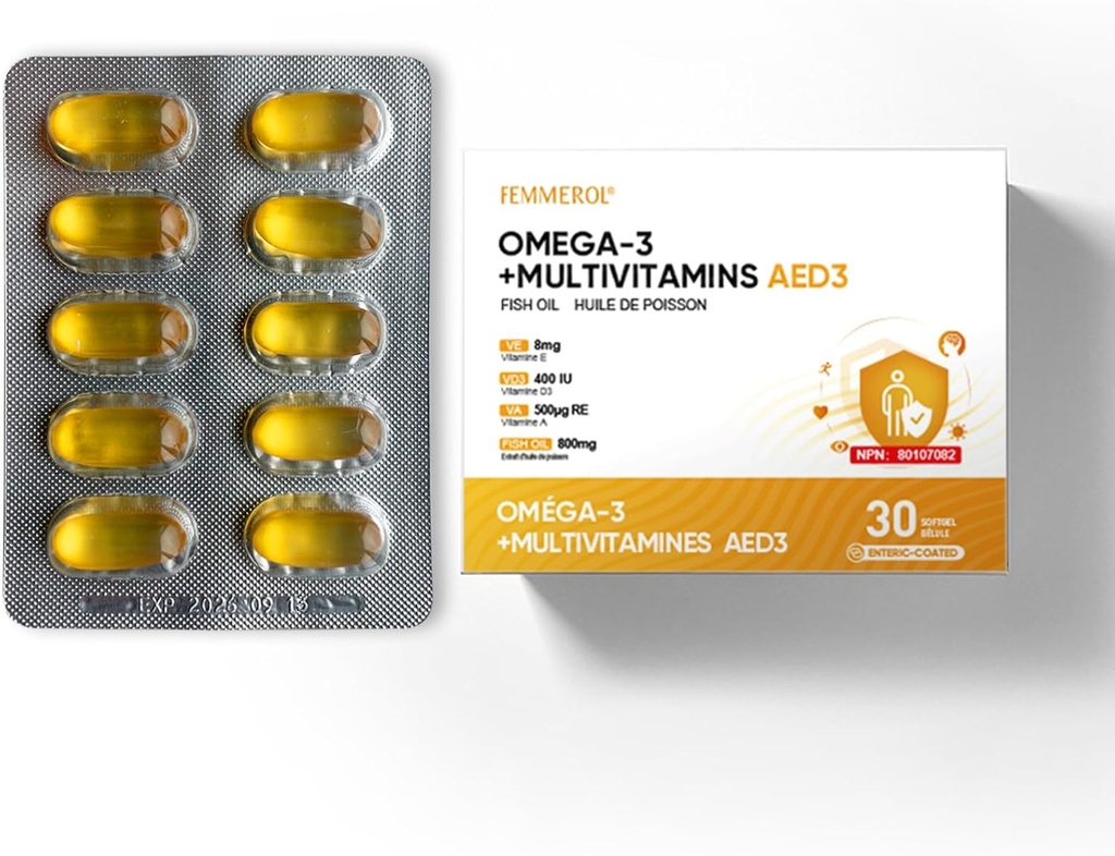 Multivitamin z Omega-3, Multivitamin dla kobiet i mężczyzn, Enteric Coated Fish Oil DHA / EPA z witaminą A, Witamina E i Witamina D3 dla wsparcia funkcji immunologicznych (1 Box _ 30 Softgels)
