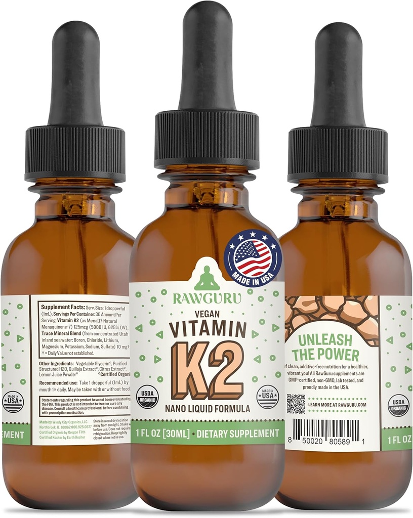 Suplement RawGuru Witamina K2 - Organiczny Wegan Witamina K2 MK7 z Minerałów śladowych - Nano- Przetworzone przeciwutleniacze i suplement immunologiczny Tincture - 30 Podawanie Vegan Drops na 30 ml, Opakowanie 1