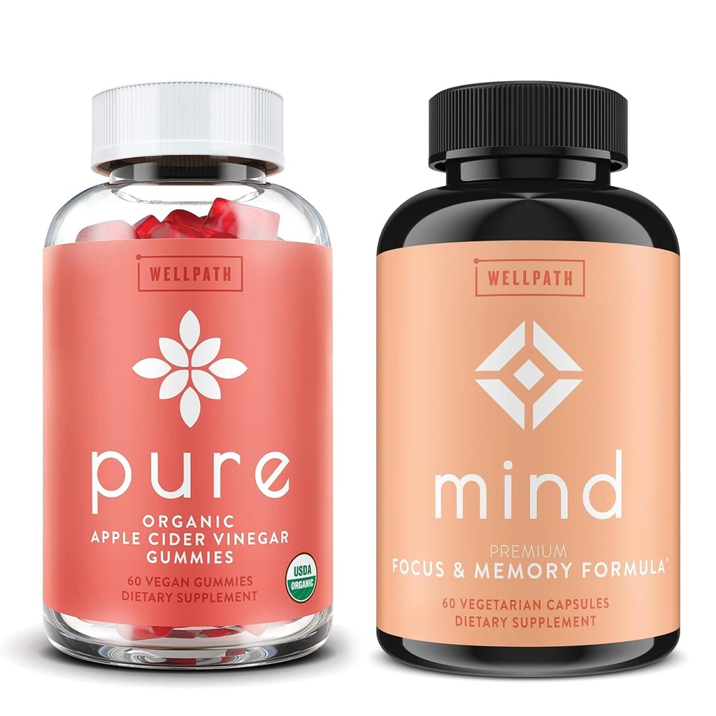 WellPath Pure Apple Cider Ocet z Matką Gummies & Mind Brain Supplement z grzywą lwa - Obsługuje Focus & Pamięć, 60 Ct każdy