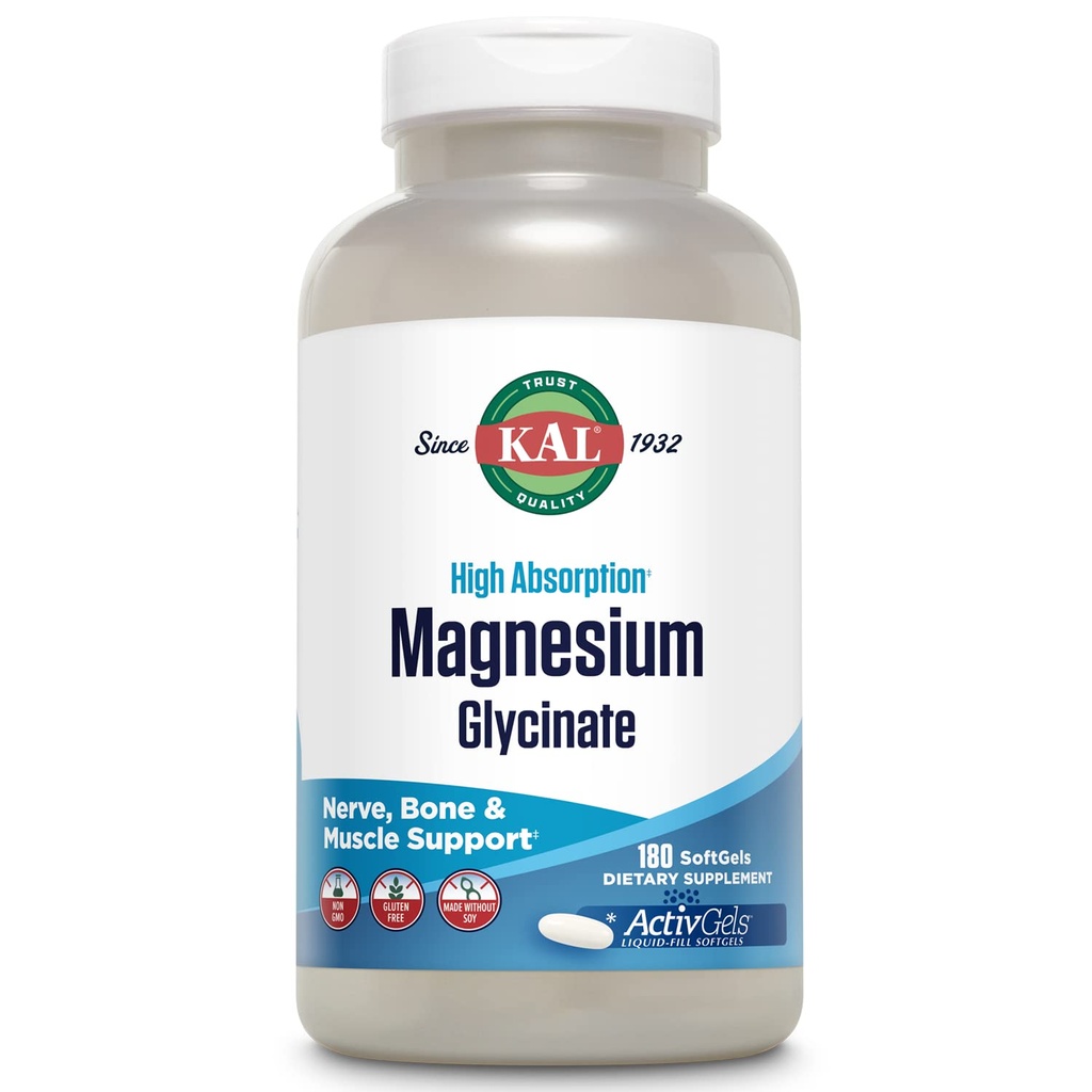 KAL Magnezu Glycinate ActivGels 315mg, W pełni chelatowany, Wysoka Absorpcja Magnezu Suplement do Relaks, Muscle & Bone Support, Non-GMO, Gluten Free, 60 Służenia, 180 Softgels