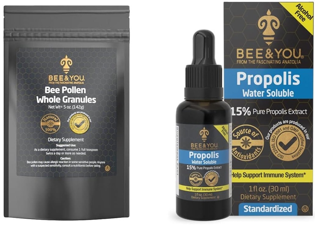 Bee and You Bundle, Bee Pollen Granules, 5oz Bag, 100% Natural Propolis Extract Drops, Ultra Pure, Immune Supplement Supplement, Superfood, Antipxidants, Vitamin,