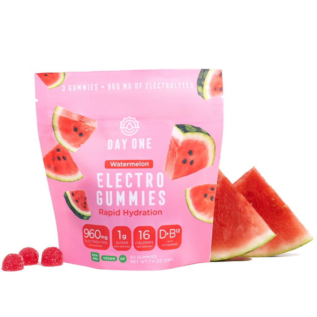 Dzień jeden ElectroGummies - Gummies Hydration Electrolyte - Idealny do zwiększenia nawadniania i energii - Bieganie, Trening - Sour Arbuz Flavored - 60 Gummies