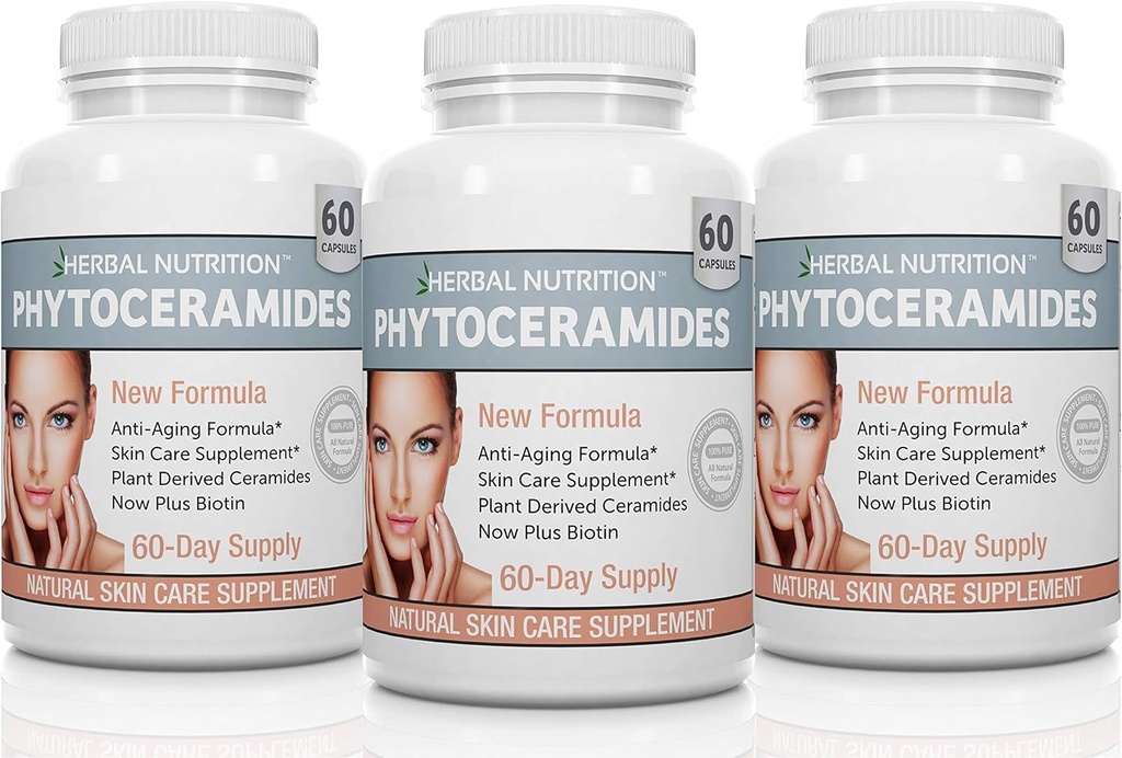 Fitoceramidy roślinne z ryżu z witaminą Biotin A, C, D i E, Trzy opakowania butelki, 180 kapsułek 40 mg