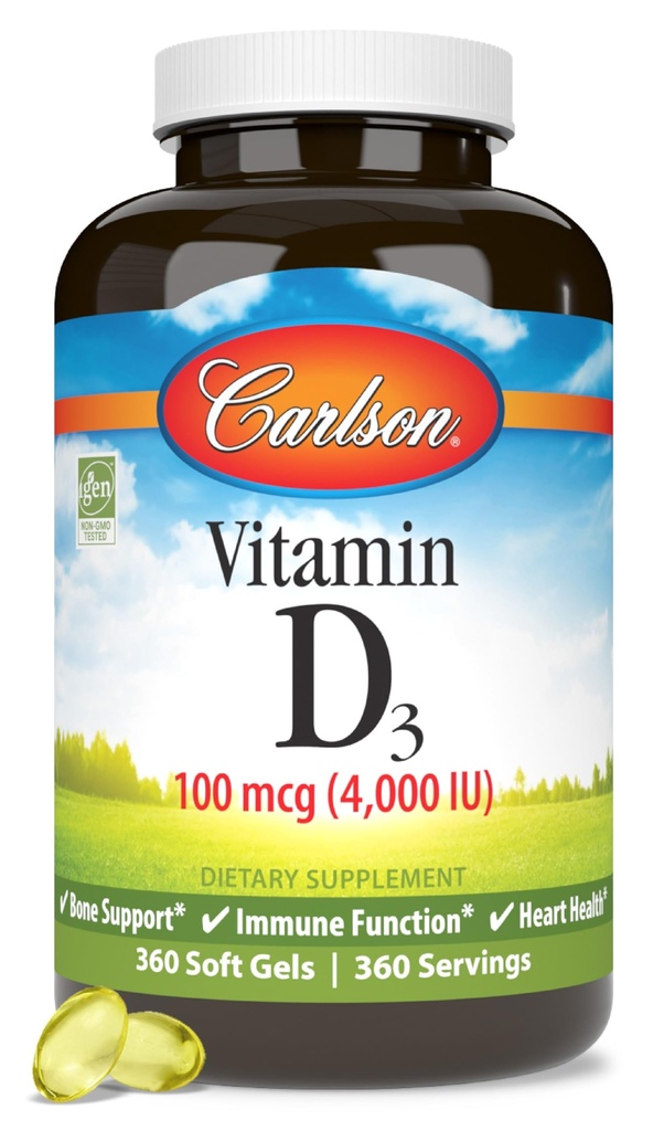 Carlson - Vitamin D3, 4000 IU (100 mcg), Bone & Immune Health, Cholecalciferol Supplement, Gluten Free Vitamin D Capsules, 360 Softgels