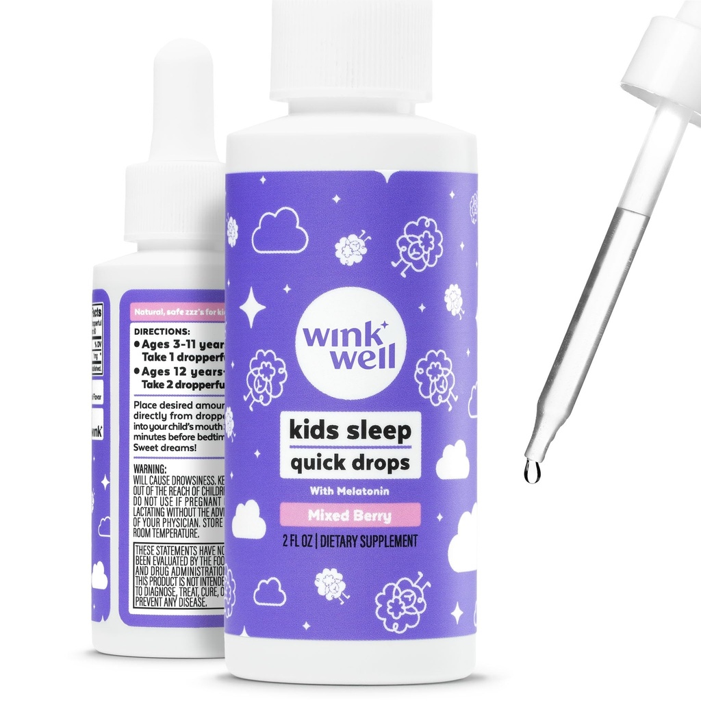 Wink Well Kids Liquid Melatonin Drops - Naturalne Baby Sleep Drops for Toddler Sleep Aid with 1mg Per Serving- Non- Addictive Children 's Liquid Melatonin - 2 Oz