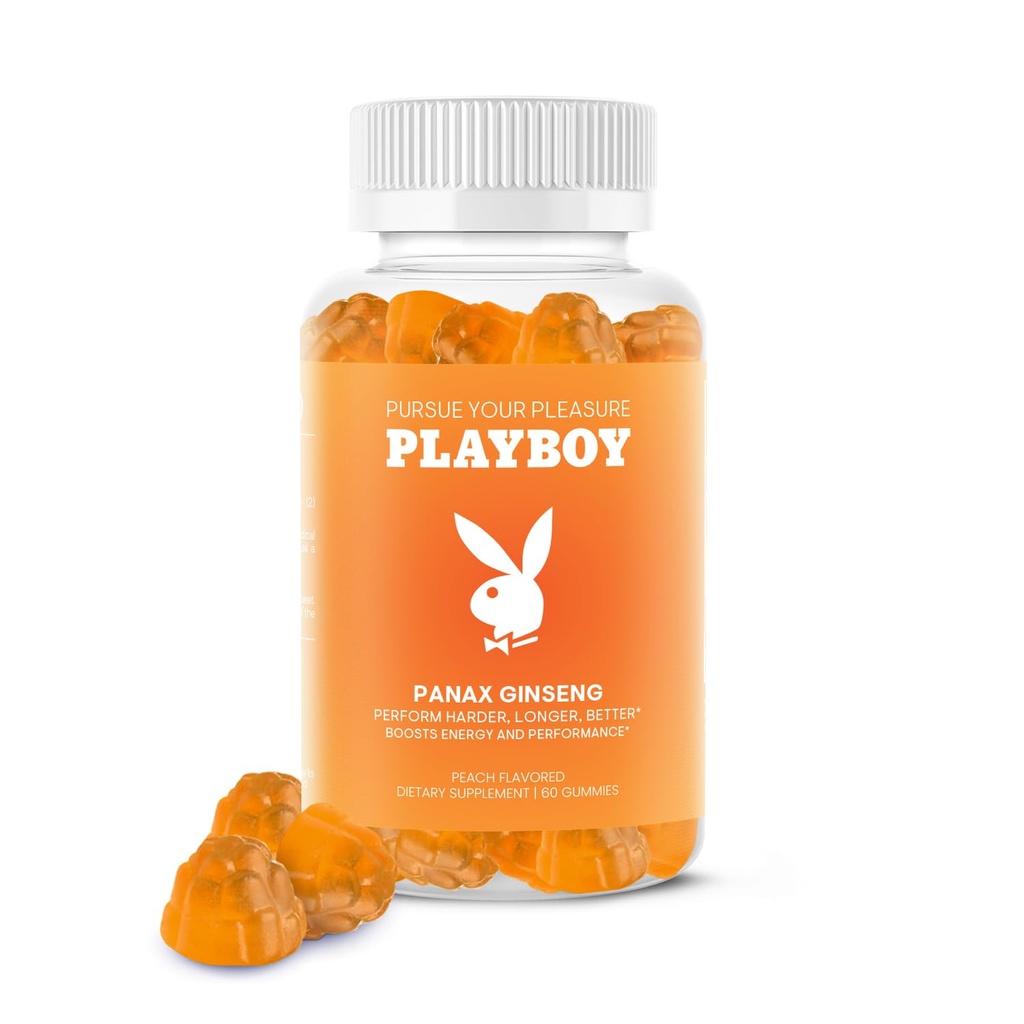 Playboy - Ginseng Gummies (60 Count - Peach Flavored) - Wykonaj ciężej, dłużej, lepiej - Panax Ginseng Supplement Gummy dla mężczyzn i kobiet - 100% Naturalny, Wegan Non GMO Ginseng Root 6: 1 Extract