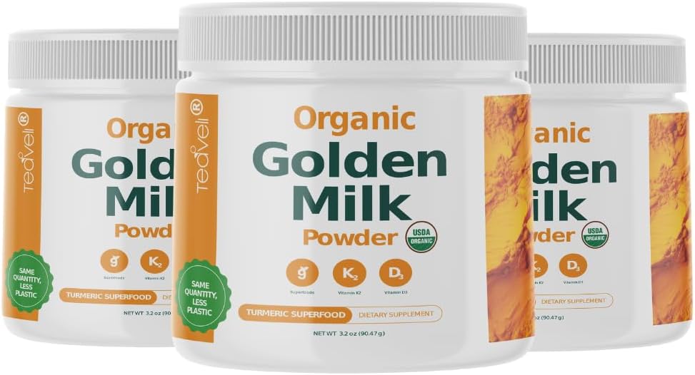 Organiczny złoty proszek mleczny z witaminami D3 & K2, kurkumina, kurkumina, cynamon, KSM66 Ashwagandha, Bazylia Święta i naturalne prebiotyki - Pyszne niesłodzone Turmeric Latte - 3 opakowania