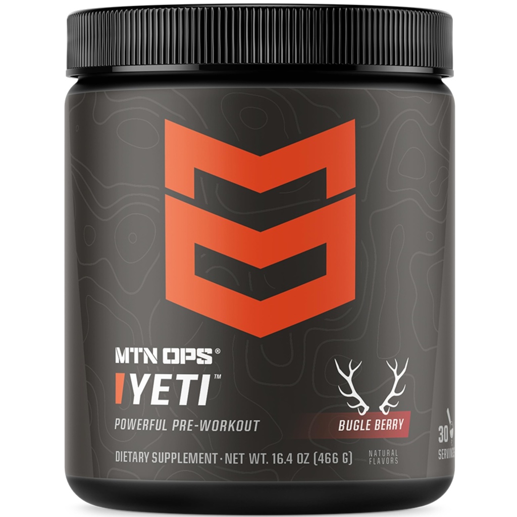 MTN OPS Yeti Wstępny trening proszku napój energetyczny z kreatrą, 200mg kofeiny i BCAA z Beta Alanine, 30- serving Tub, Bugle Berry