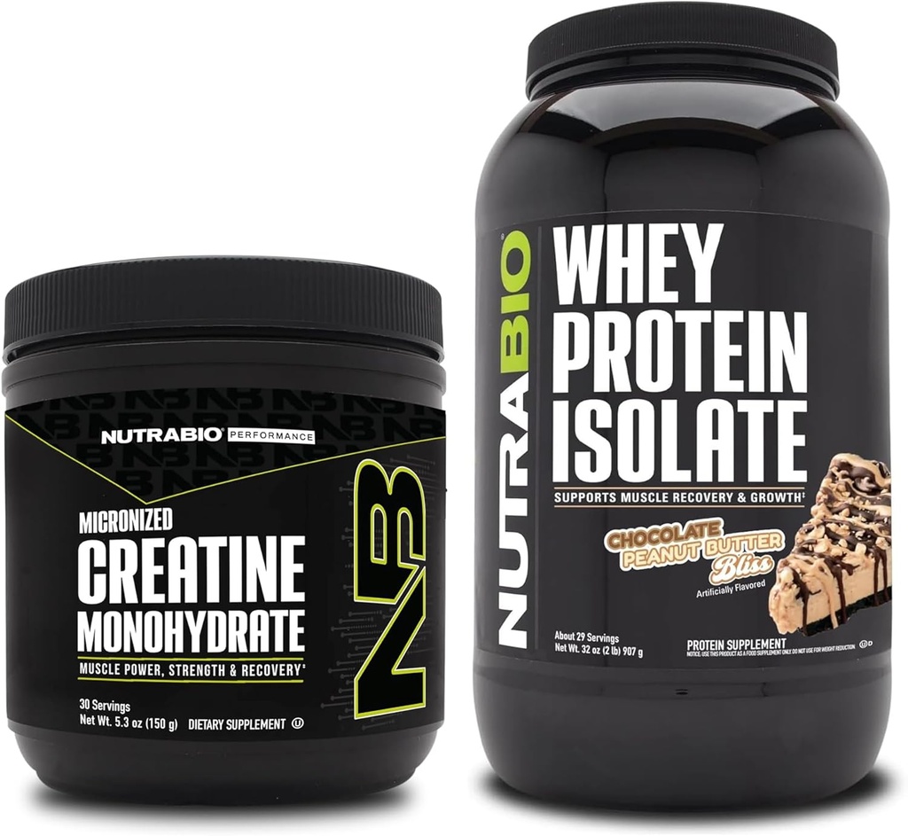 Monowodzian NutraBio Creatine, Izolat nieflaworyczny, 150g i ser białkowy, Masło orzechowe czekoladowe, Suplement Pasek - Energia mięśniowa, Lean Muscle Growth, Odzysk i Siła