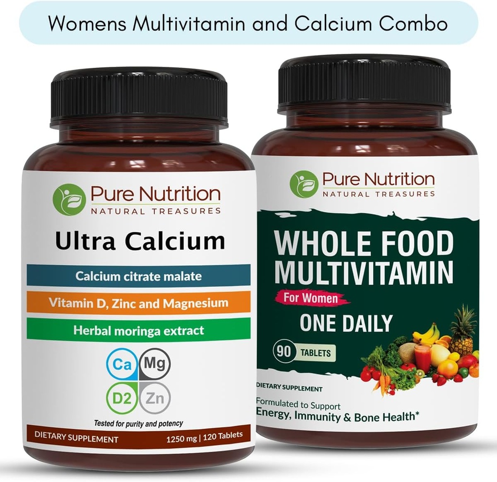 Pure Nutrition Ultra Wapń 1000mg i Whole Foods Womens Multivitamin 1500mg dla zdrowych kości, połączeń i ogólnego wellness. Ultra Wapń 120 Tabs + Womens Multivitamin 90 Tabs.