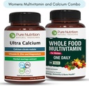 Pure Nutrition Ultra Wapń 1000mg i Whole Foods Womens Multivitamin 1500mg dla zdrowych kości, połączeń i ogólnego wellness. Ultra Wapń 120 Tabs + Womens Multivitamin 90 Tabs.