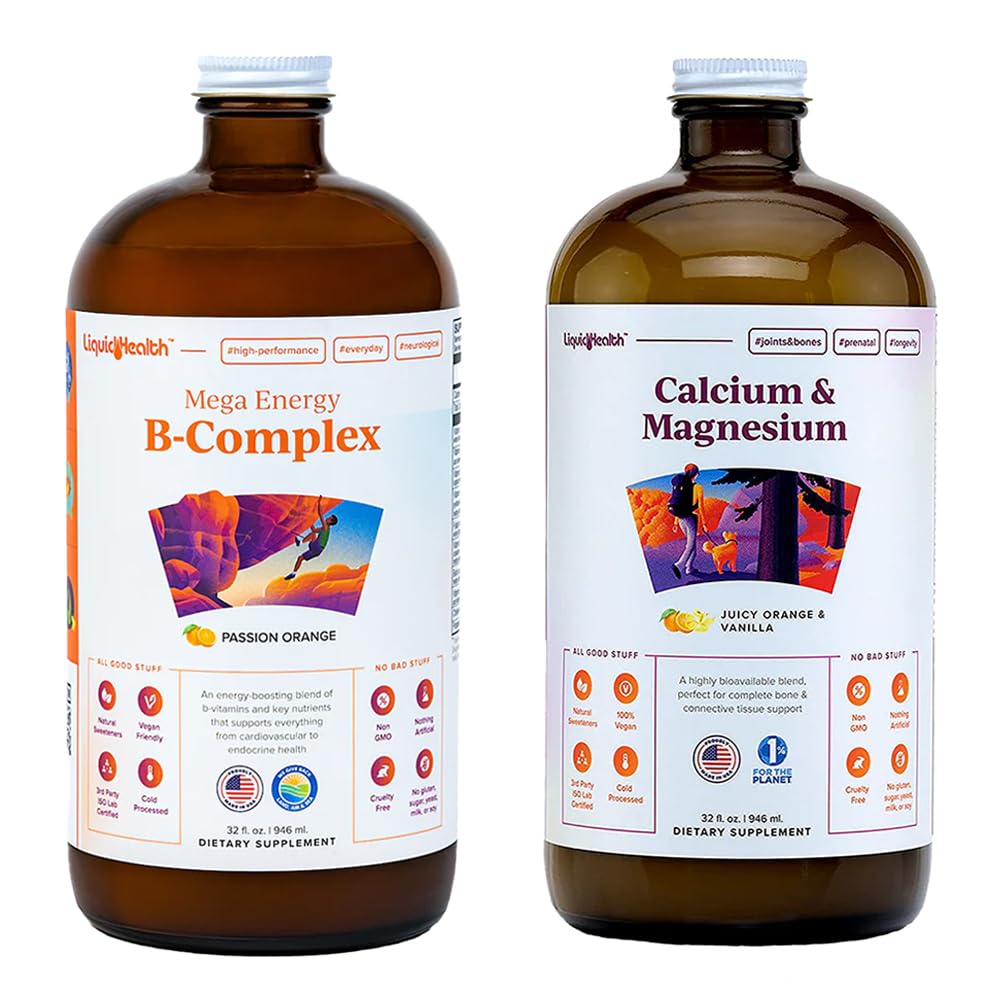 LiquidHEALTH Mega Energy B- Complex & Wapń i Magnezu Liquid Witamina Pasek dla dorosłych - Zwiększenie naturalnego poziomu energii, Wsparcie kości i wspólnego zdrowia, Boost Immune System - Wegan, Non-GMO, USA Made