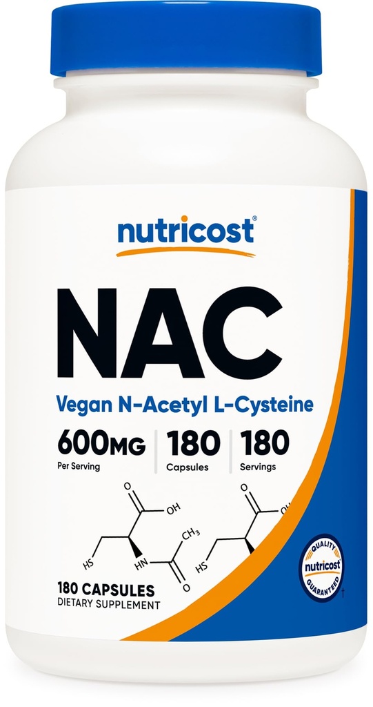 Nutricost N- Acetyl L- Cysteine (NAC) 600mg, 180 kapsułki - Non-GMO, Gluten Free