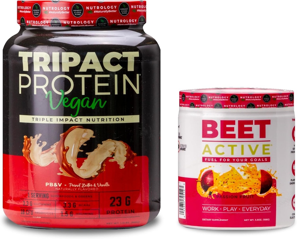 Nutrologia TRIPACT Wegański proszek białkowy, do shakes białka wegańskiego, Masło orzechowe Vanilla (20 Servings) & Beet Active, Natural Pre- Workout Powder, Passion Fruit Flavor (30 Servings)