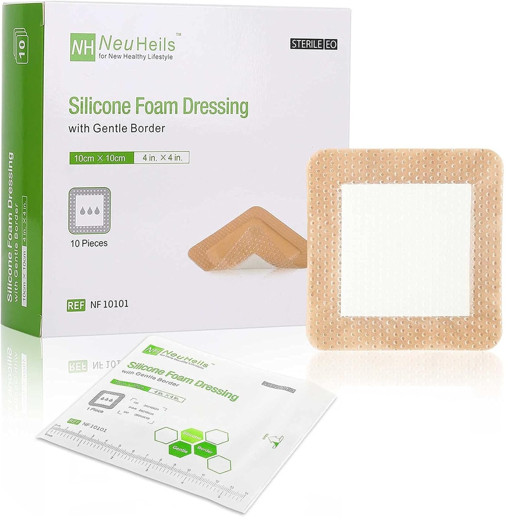 NeuHeils Silicone Adhesive Foam opatrunek z delikatną granicą 4 "x4" dla Bed Sore Leg Ulcer 10 Pack, Wysoka Absorbencja Waterproof Silicon Range Bandage