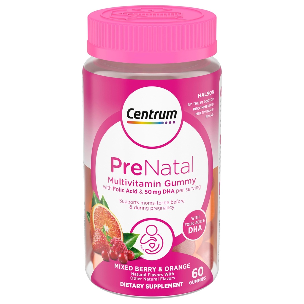 Centrum Prenatalne Gummeje wielowarstwowe z DHA i kwasem foliowym, mieszanymi jagodami i aromatami pomarańczowymi - 60 Count, 30 Day Supply