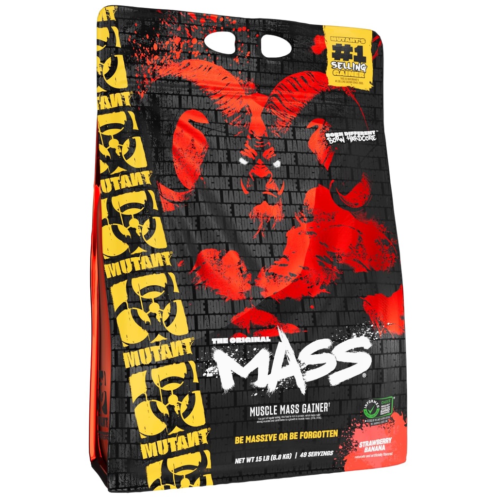 Mutant Mass Gainer Protein Powder z serwatką i mieszanką białka Casein dla wysokiej Calorie Shakes Workout, Smoothies i Drinki, 15 lb - Strawberry Banana