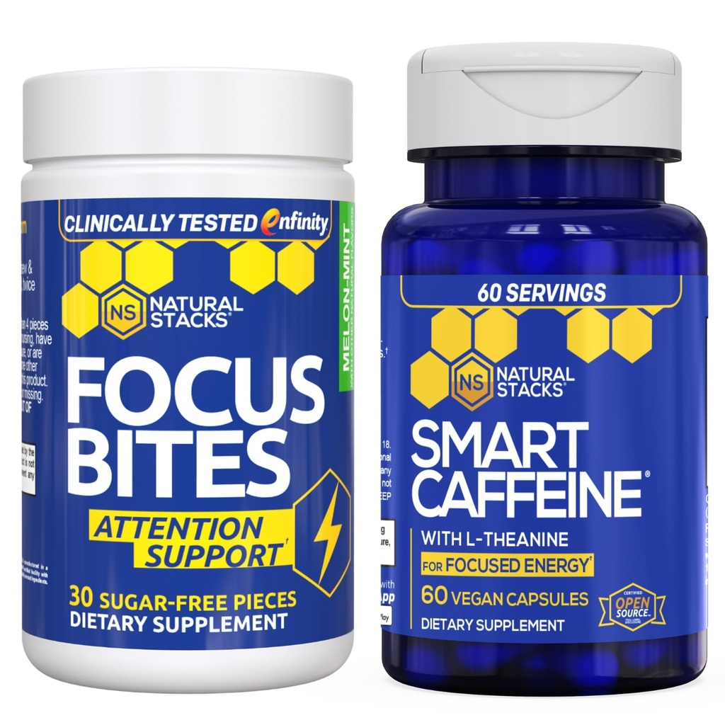 NATURAL STACKS Smart Caffeine + Focus Bites Bundle - Kofeina & Paraxanthine Suplementy - Wsparcie energii i Focus * - Nie Jitters lub Crash - 90 Kawałki