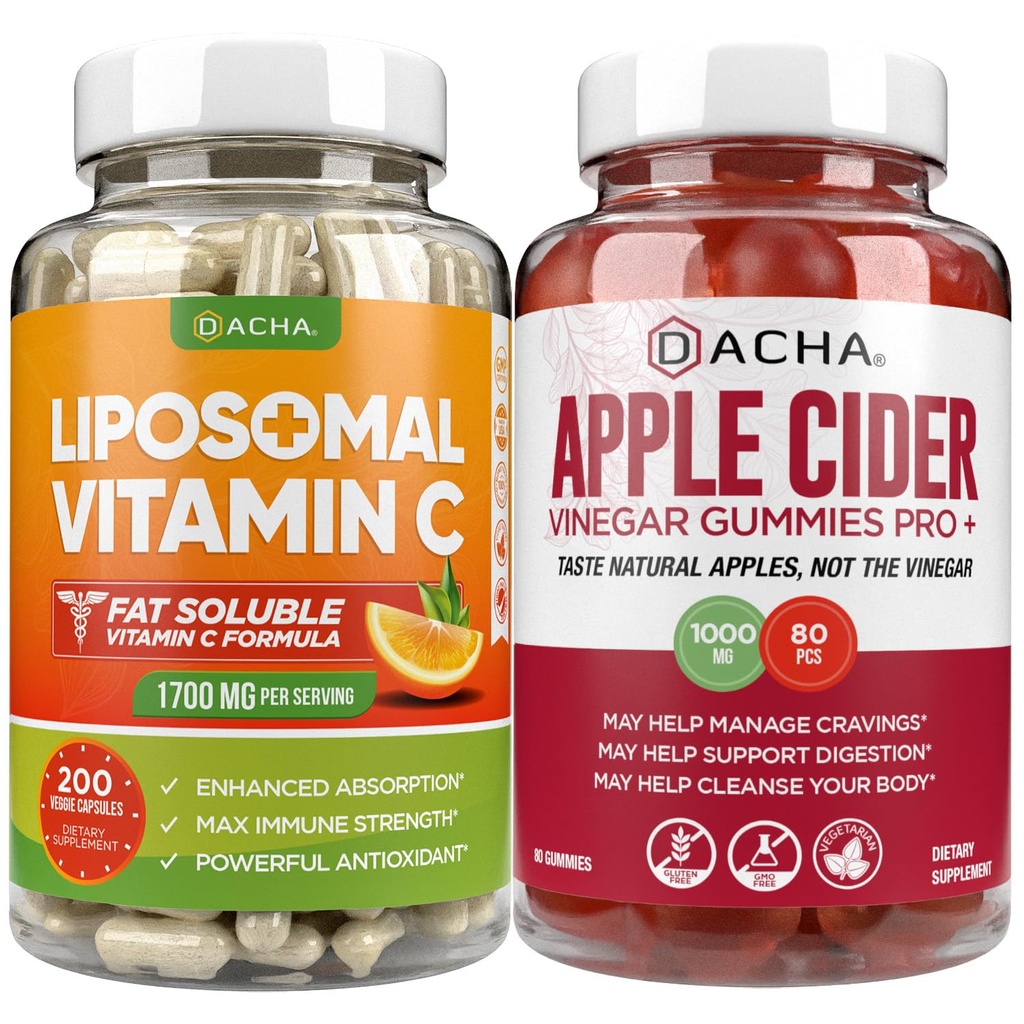 Ultimate Immune Boost Bundle - Witamina Liposomalna C & Jabłko Cydr Gummies Ocet, Detox i Cleanse, Weight Loss Support ACV z matką, Żołądek Przyjazny, Wysoka potencja Absorb Askorbyl Palmitynian