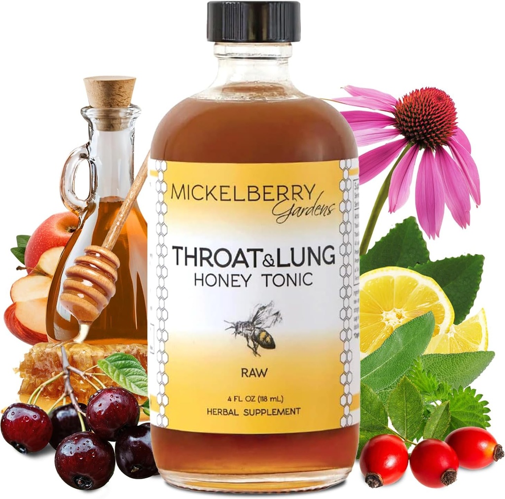 Mickelberry Gardens Throat & Lung Honey Tonic: Wellness Syrop, Natural Sore Throat Relief, Immune Support & Cough Suppressant dla dorosłych i dzieci (4 oz)