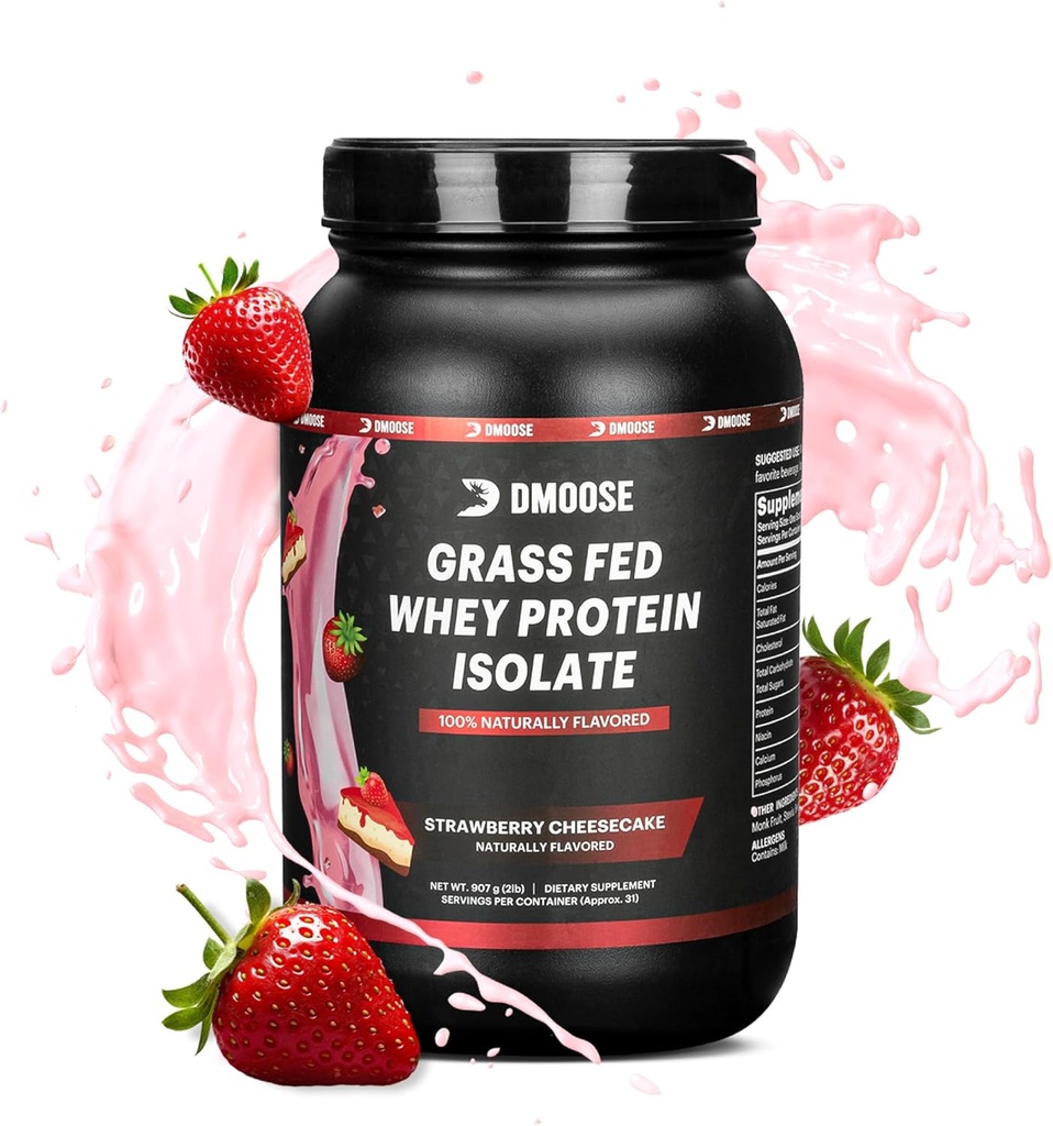 Proszek z białka serwatki Dmoose Fed - do wzrostu i odzysku mięśni, naturalnie słodzone i pachnące, bogaty w aminokwasy, Szybkie wchłanianie formuła (2 Lbs, truskawka)