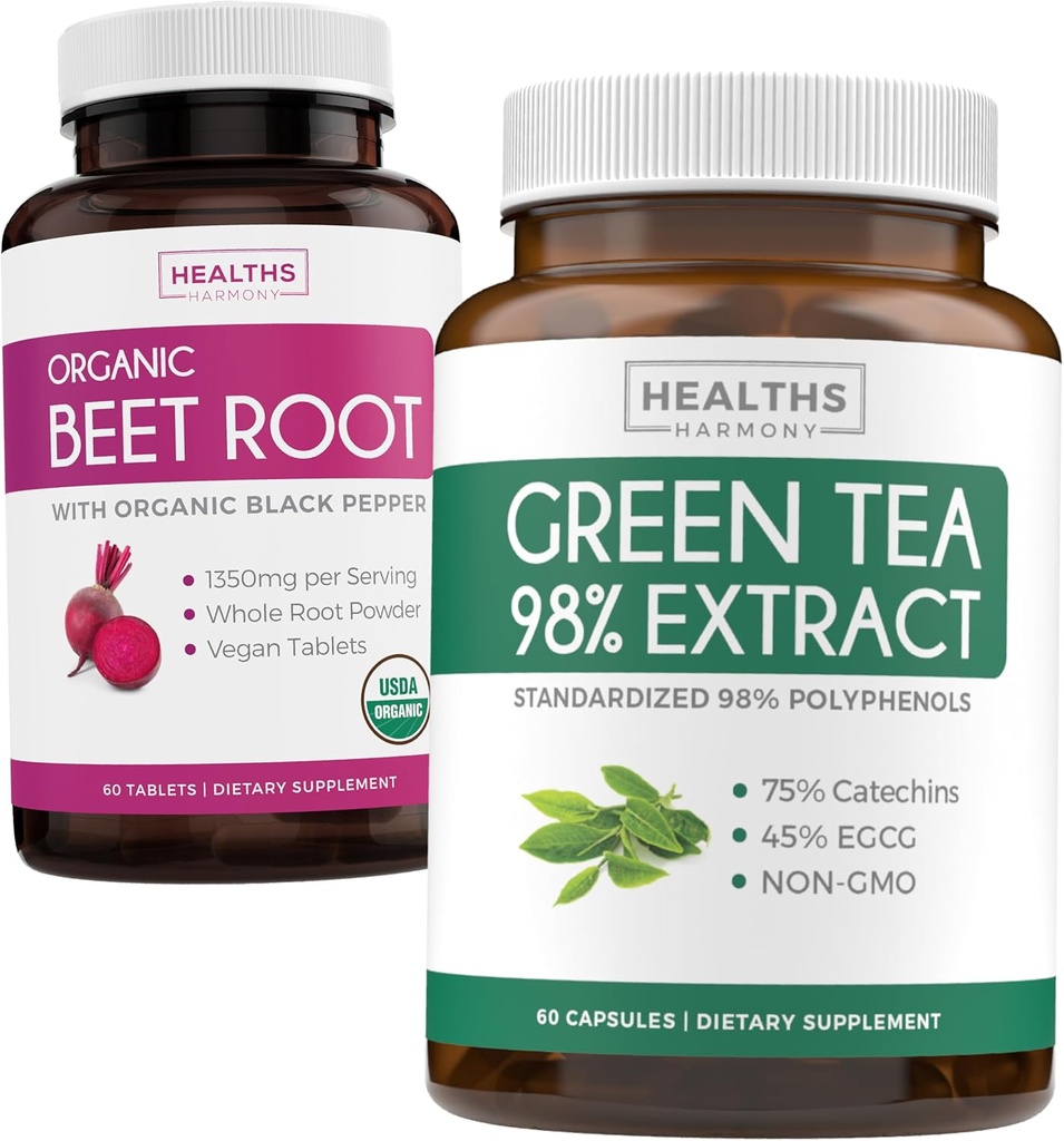 Wyciąg z buraków i zielonej herbaty (1- Month Supply) Detox Power Duo - Organic Beet Root with Black Pepper for Absorption 1250mg (60 Tablets) & Green Tea Extract 98% z EGCG 1000mg na jedną porcję (60 kapsli)