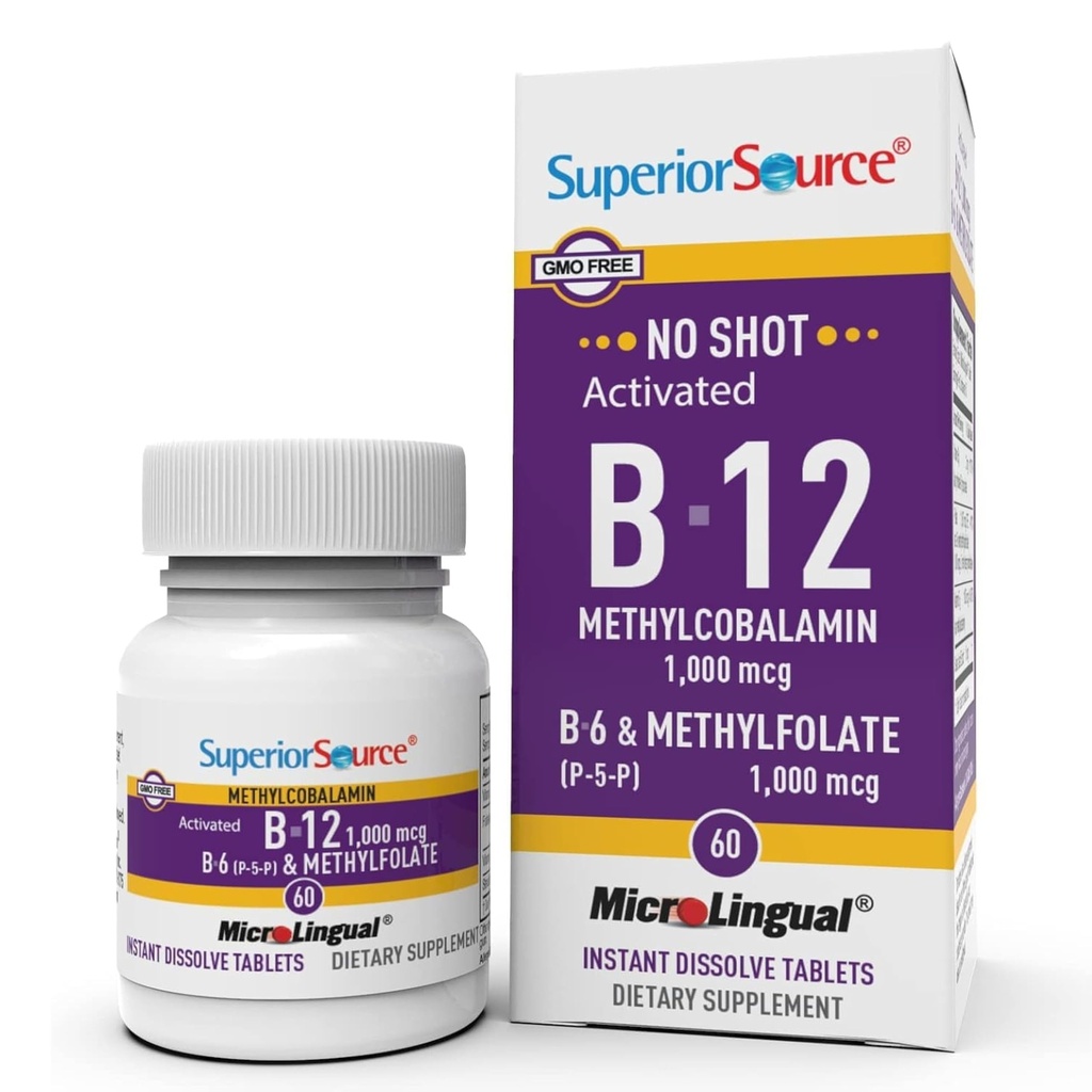 Superior Source No Shot Witamina B- 12 Methylcobalamina 1000 µg, B- 6, & Methylfolate 1000 µg - Pomaga Energia, Mózg i Heart Health - Bariatric Friendly - 60 Podjęzykowe tabletki rozpuszczające