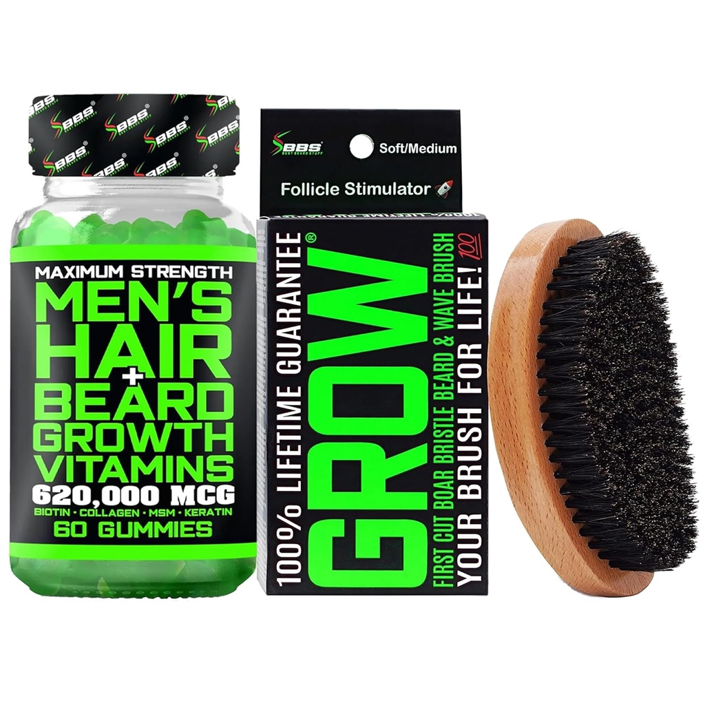 Beard Growth Kit w / 620,000mcg 14- in-1 BIOTIN Gummies / Beard Growth Vitamin & Hair Growth Vitamin for Men + 100% Lifetime Replacement First Cut Boar Bristle Brush & 360 Wave Brush for Men