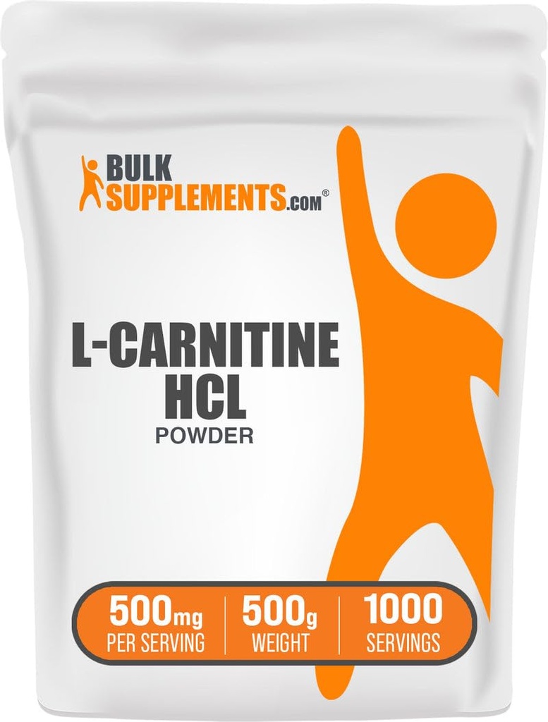 BulkSupplements.com L- Karnityna HCl Proszek - Karnityna Suplement, Karnityna Proszek, L- Karnityna 500mg - Unflavored & Gluten Free, 500mg na jedną porcję, 500g (1,1 lbs) (Opakowanie po 1)