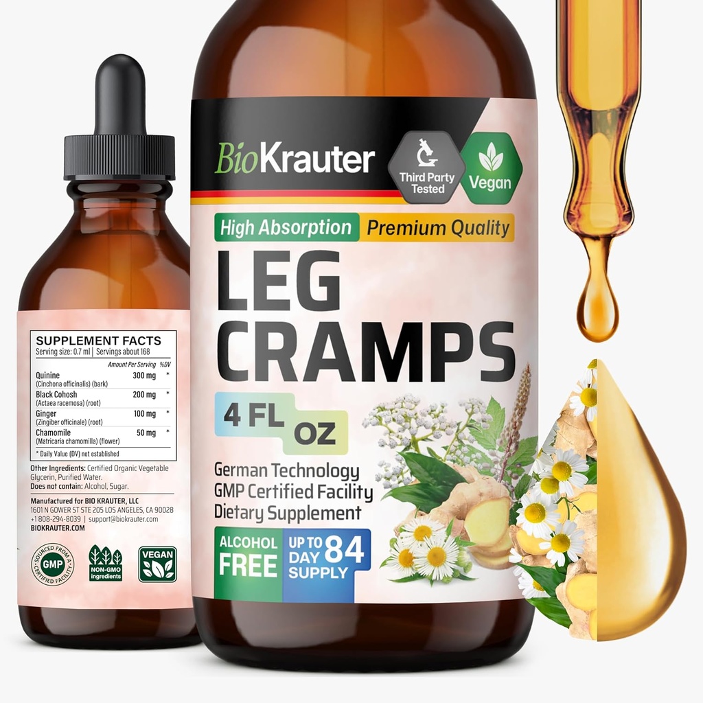 BIO KRAUTER Kurcze nogi nalewka z chininy - Ginger & Rumianek Liquid Extracts for Leg Cramps - Natural Alcohol & Sugar Free Formula - Vegan Drops 4 Fl.Oz.