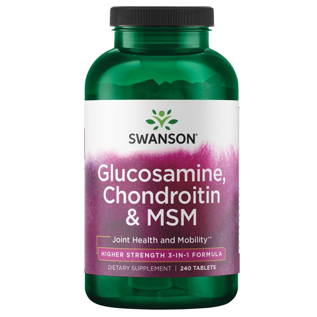 Swanson Glukozamina Chondroitin MSM (metylosulfonylometan) 3- in-1 Formuła Wspólna Mobilność Elastyczność Comfort Chitlage Połączona Tkanka Wsparcie Zdrowia Suplement diety 240 Tabletki (Table)