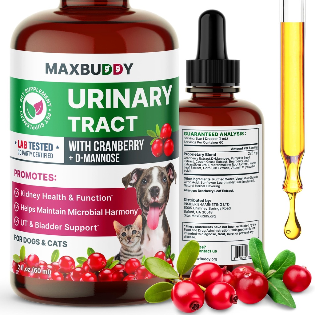 MaxBuddy Natural UTI Leczenie Wsparcie - Żurawinowy Trawy Leczenie i profilaktyka dla kotów i psów - Nerki & Bladder Wellness Supplement Drops - Wsparcie dla Mocz Przepływ