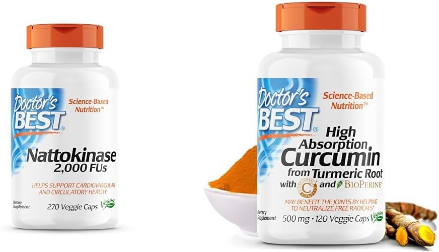 Doctor 's BEST Nattokinase, Non-GMO, Wegan, Gluten Free, 270 Veggie Caps & DRB- 00107 Wysoka absorpcja Kurkumina z korzenia turmerowego z kompleksem C3 i bioPeriną 500 mg