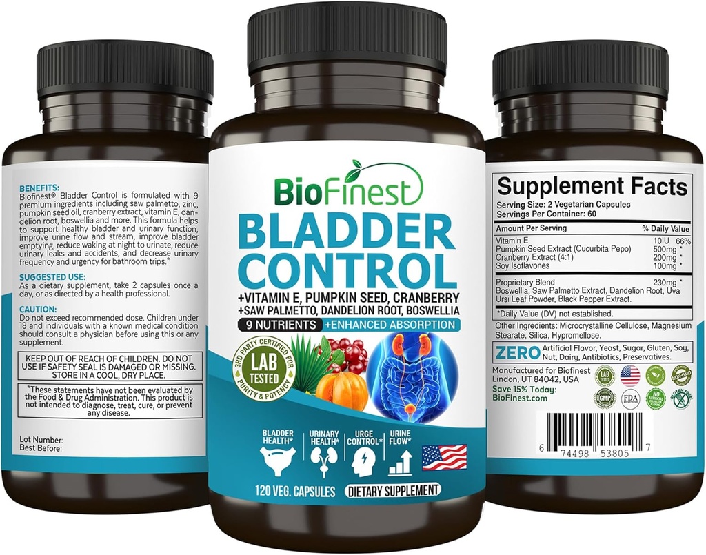BioFinest Bledder Control Supplement for Men & Women - 120 Veg. Kapsułki - Saw Palmetto, Żurawina, Nasiona dyni, Witamina E, Boswelia, Dandelion Root - Traktor moczowy Bladder Health - Made in USA