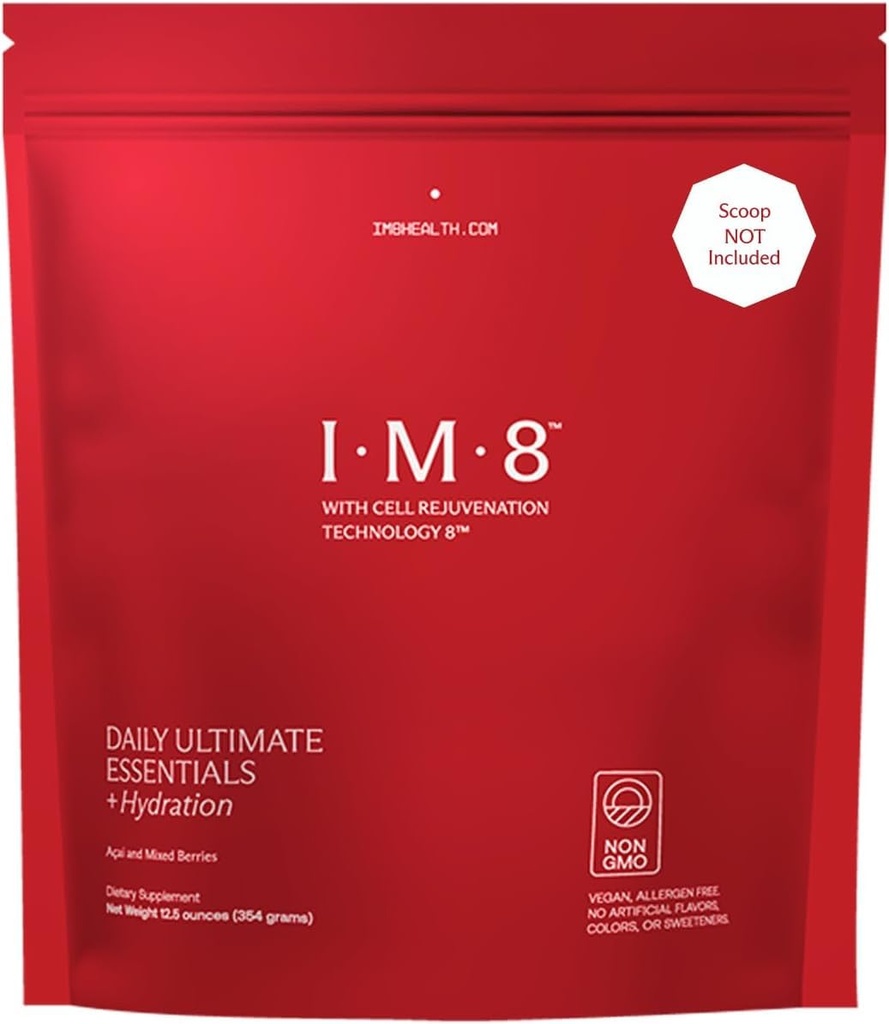 IM8 Daily Ultimate Essentials All- in-1 Multivitamin Supplement, 92 Nutricent Rich Ingredients CoQ10, Probiotyki, Witaminy, Zielone, GF, Acai Mieszane Berry (30 Słupki, Refill Pouch)