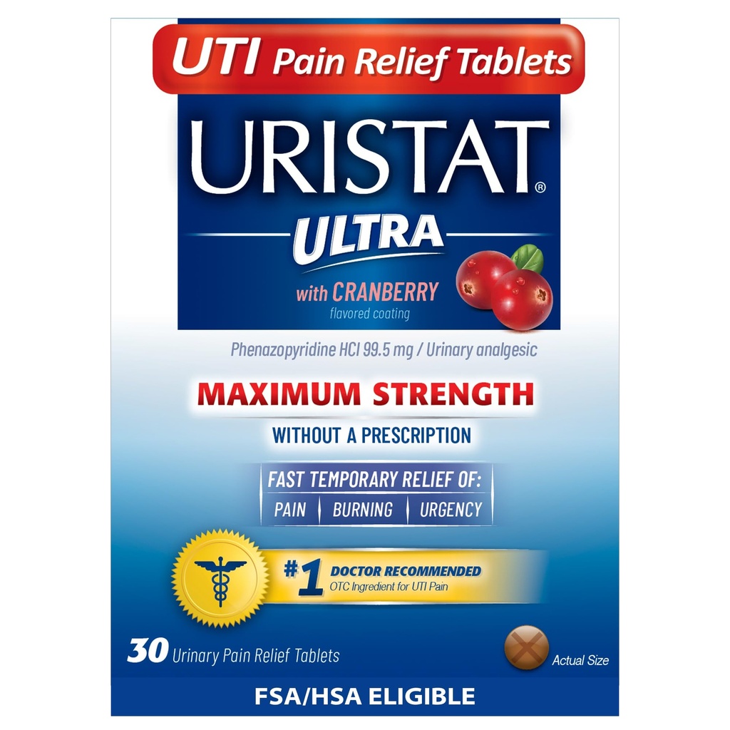 Ultra UTI Pain Relief Tablets, Szybka infekcja dróg moczowych Relief bólu moczowego, Płonący, Pilny, Maksymalna moc, Żurawinowy aromat Powłoka, 30 Tabletki