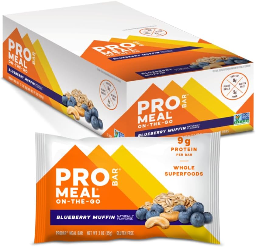 PROBAR - Meal Bar, Blueberry Muffin, Non-GMO, Gluten- Free, Healthy, Plant-based, All-Food Ingredients, Natural Energy (12 Count)