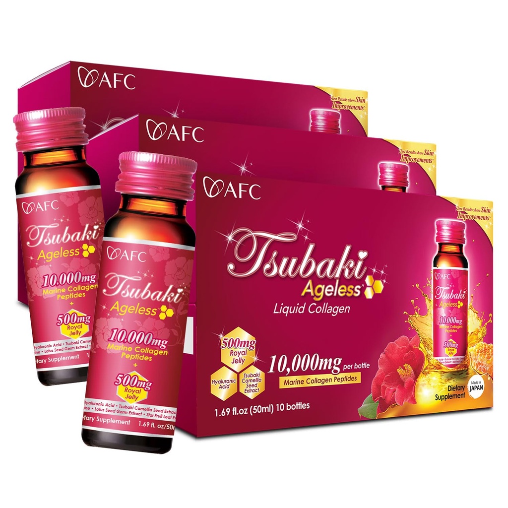AFC Japonia Tsubaki Ageless Beauty Collagen Drink from Japan z 10,000 mg Marine Collagen Peptydes + 500mg Royal Galaretka + kwas hialuronowy + witamina Bs & C do rewitalizacji skóry 1.69fl.ozx10sx3