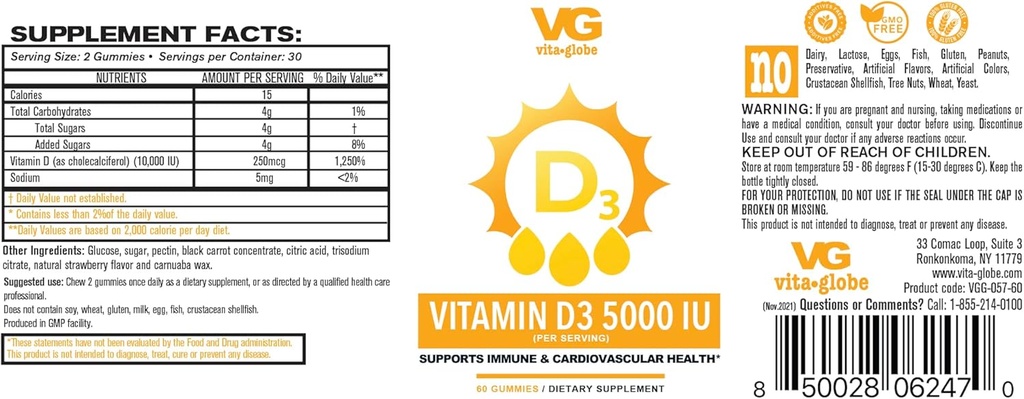 VITA GLOBE Vitamin D3 10,000IU 250mcg with Zinc and Echinacea Gummy - Supports Healthy Immune System, Strong Bones, Teeth and Muscles, 120 Count (Pack of 2)