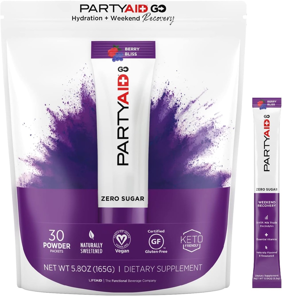 PARTYAID GO Feel Good Tonight and Tomorrow, Zero Sugar, 5- HTP, B- Complex, Thistle mleka, Electrolytes, Bez sztucznych aromatów lub słodzików, Bez kawy, 30 Count (Pack of 1)