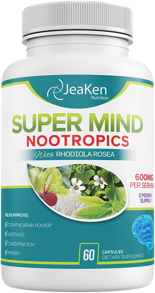 Super Mind - Nootropics Cognitive Enhancer - Suplement do Boost mózgu z naturalnych składników - Bacopa Monnieri - Rhodiola Rosea - Ginkgo Biloba - Witamina B12- 60 Kapsułki wegańskie Made in USA