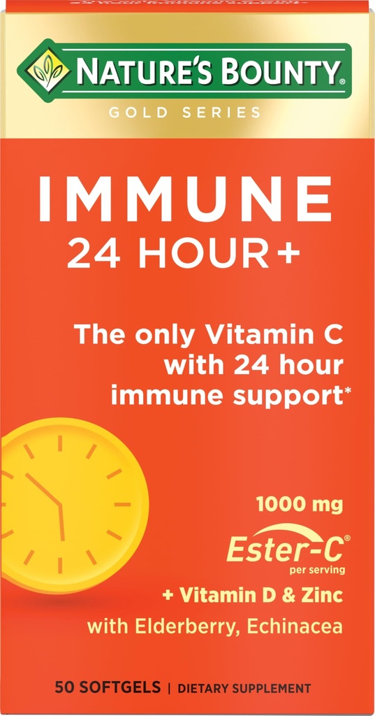 Nature 's Bounty Immune 24 Hour +, Jedyna witamina C z 24 Hour Immune Support z Ester- C, 1000 mg Witamina C, D & Zinc, Gluten Free, Szybkie uwolnienie Softgels, 2 Softgels dziennie, 50