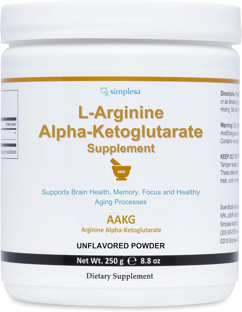 Simplesa AAKG Arginina Proszek, L- Arginina Alfa- Ketoglutaminian Suplement, 2000mg Na Podawanie, Wsparcie zdrowia mózgu, Pamięć, Focus and Healthy Aging Procesy, 250g Proszek Suplement