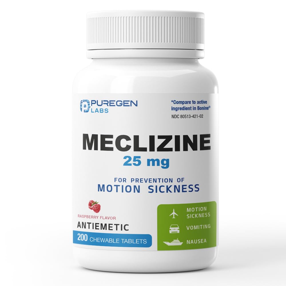 Puregen Labs Meclizine 25 mg Antywymiotne 200 tabletek do rozgryzania i żucia 124; Motion Choroby Relief - Zapobieganie Nudności, Wymioty i Zawroty głowy 124; Mleko wolne 124; Made in USA 124; Value Pack - 200 tabletek do żucia