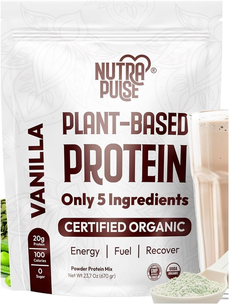 Organiczny Wegański proszek białkowy - Vanilla Flavor, Plant- based, Gluten- Free, Non-GMO, 20 g białka na serwowanie, Idealny do Smoothies, Shakes, Pieczenie, Gotowanie (1 Pack, 20 Sług)